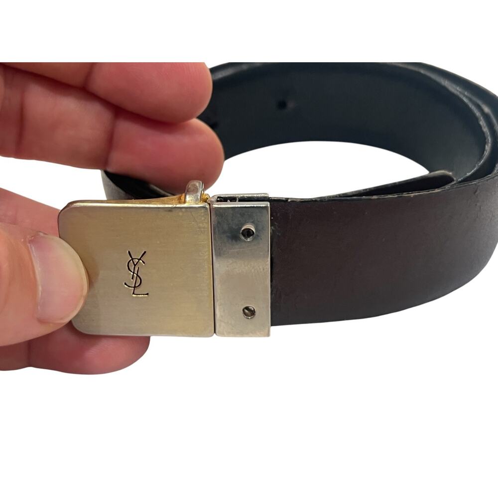 Vintage YVES SAINT LAURENT YSL Gold Silver Belt Buckle Reversible Brown Black - Picture 3 of 4
